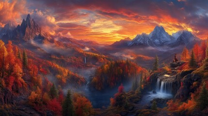 Fototapeta premium Autumn mountain landscape with waterfall