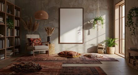Bohemian styled interior with an empty frame for mockup showcasing rustic charm