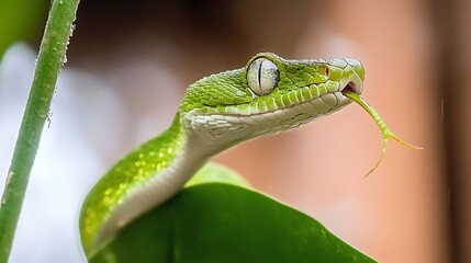 Green Snake for Tropical Jungle, Close-Up.