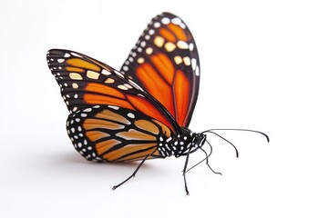 A close-up shot of a butterfly perched on a white background