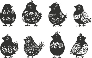Set of eight decorative birds with unique patterns in black and white