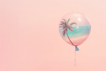 A vibrant beach paradise with a palm tree and sandy shore enclosed within a balloon, set against a pink background, creating a perfect blend of summer atmosphere and an invitation to a lively summer p