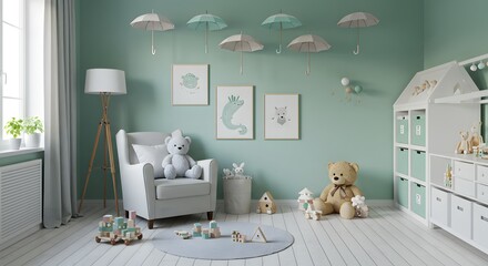 Gentle dreams: Serene nursery interior with pastel accents and whimsical decorations