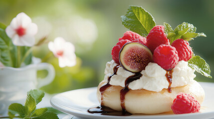 Delicious dessert creation with fresh fruits outdoor garden