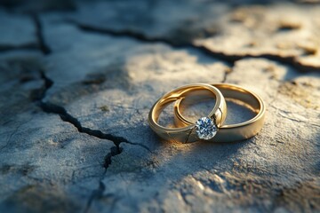 Elegant golden wedding rings with a broken diamond on a cracked concrete surface in soft colors