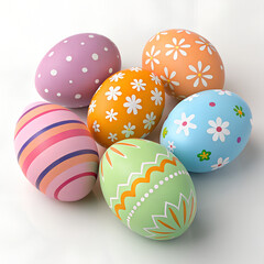 Fototapeta premium group of decorated Easter eggs with a transparent background. Show seven eggs with various colors and patterns