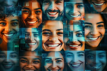 Obraz premium Bright digital collage of diverse smiling faces highlighting human connection and technology themes