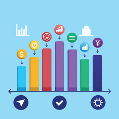 Colorful bar graph, social media icons, marketing metrics, infographic style, flat design,