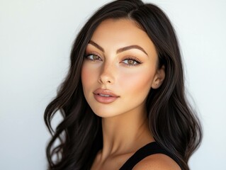 Naklejka premium Portrait of a beautiful young woman with long dark hair, warm skin tone, and subtle makeup, showcasing confidence and elegance against a light background