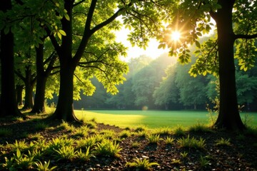 Obraz premium dense thicket of deciduous trees in a sunlit clearing, foliage, orange