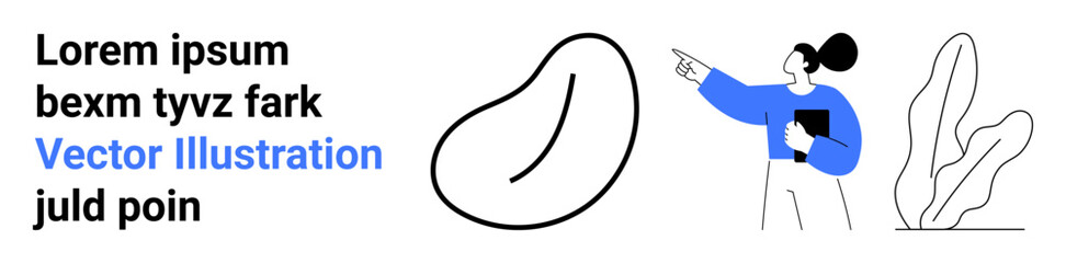 Woman gesturing toward abstract shape, holding a tablet minimalist design with ornamental plants. Ideal for education, guidance, creativity, teamwork, design, modern art, simple landing page