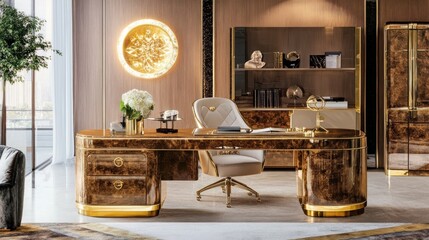 Luxurious home office with large wooden desk, gold accents, and comfortable chair.