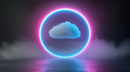Fototapeta premium A dark futuristic background featuring a single fluffy cloud floating in the center, encircled by a glowing neon ring in electric blue and pink hues
