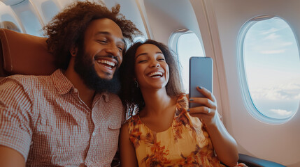 Happy Couple Taking a Selfie on an Airplane