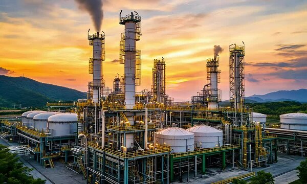 Industrial Landscape at Sunset with Smokestacks, Refineries, and Vibrant Sky Over Mountains and Trees in a Scenic Environment