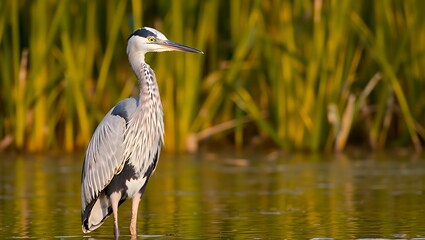 Fototapeta premium Majestic Heron in Shallow Water with Golden Sunrise Light and Elegant Plumage