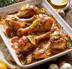 Roasted chicken legs drumsticks with aromatic herbs and lemon in a ceramic baking dish, close up view
