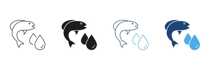 Fish And Oil Drops Line and Silhouette Icon Set. Omega 3 And Nutritional Support for Healthy Diet. Fish Oil Supplements. Editable Stroke. Isolated Vector Illustration
