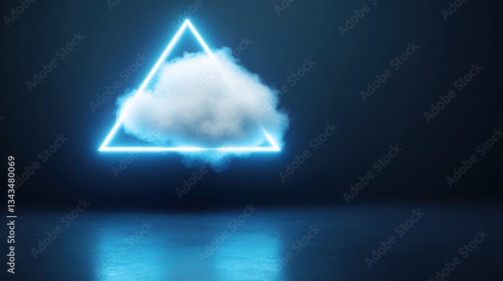 Poster a dark navy blue background featuring a glowing neon triangle with a soft, ethereal cloud floating i