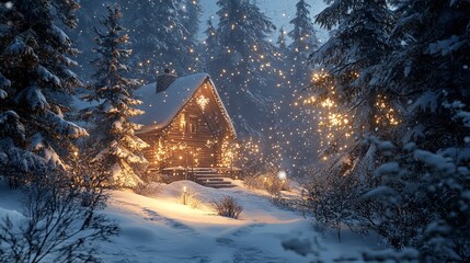 Cozy log cabin in a snowy forest under a starry night sky