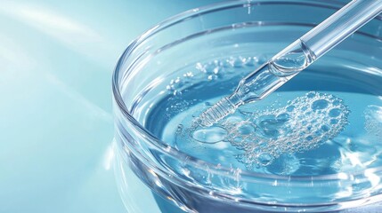 A clear petri dish, home to a delicate pipette and a face serum sample, ready for analysis, promising to unlock secrets of beauty and youth.