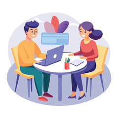 Partners meeting for business discussion with documents and laptop on desk. Couple at round table, speaking, discussing work, partnership. Flat vector illustration isolated on white background