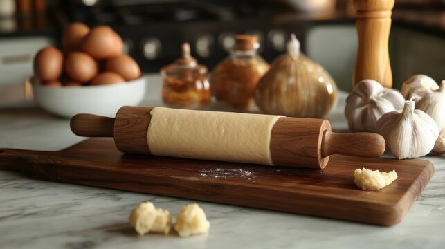 A rolling pin, adorned with a rustic wooden handle, gracefully glides across a polished wooden kitchen board, ready to embark on a culinary journey.