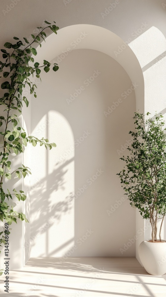 Poster soft sunlight streams through a stylish archway, illuminating a serene nook. lush green plants add l