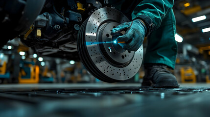 Mechanic inspecting brake disc in workshop