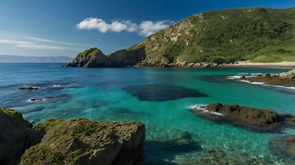 Obraz premium Scenic coastal cliffs with turquoise waters and lush greenery under clear blue skies