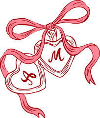 Coquette heart locket with ribbon bow in hand drawn style. Simple doodle line art crayon and sketch symbol for Valentine day and invitations templates. Vintage elegant vector illustration.