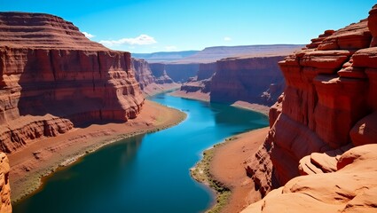 Breathtaking Canyon Landscape with Rugged Cliffs and Vibrant River and Clear Blue Sky