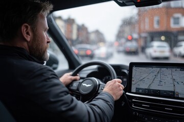 Man Driving a Car with GPS Navigation in Rainy City