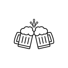 Two glass mugs of beer are clinked together with cheers and toasting. Vector icon. Isolated illustration on white background.