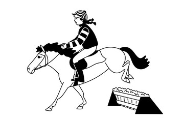 Fototapeta premium Young jockey riding a pony in a black and white line drawing, jumping over an obstacle in a pony racing
