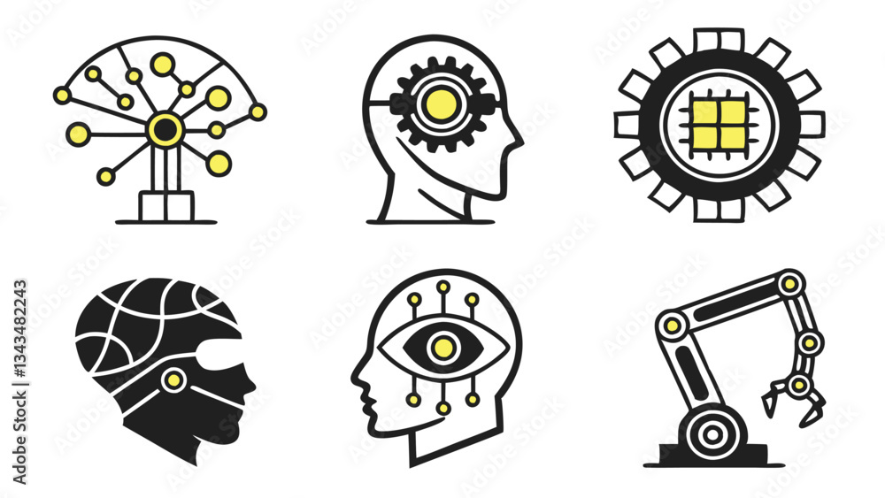 Poster a high-quality ai vector illustration set depicting futuristic machine learning, neural networks, an