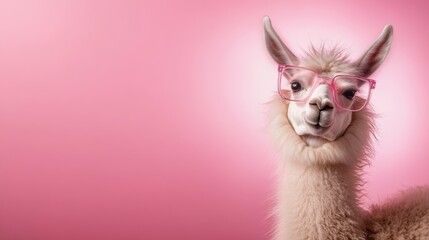 Fototapeta premium A whimsical llama adorned with oversized pink glasses against a vibrant pink backdrop, presenting a playful and lighthearted atmosphere perfect for fun and quirky imagery.