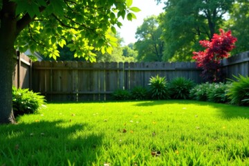 Fototapeta premium Lush green grass in a garden with a wooden fence and a few trees, garden, landscape