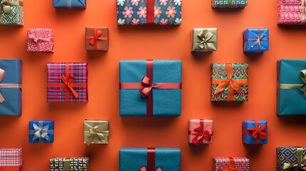 Fototapeta premium A flat lay of colorful gift boxes with bows, arranged in a grid pattern against a orange background.