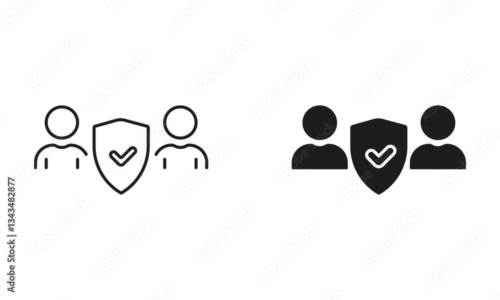 Poster security for users team line and silhouette icon set. human data protection, shield protect group of