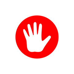 White hand palm in red circle. Isolated vector icon on white background.