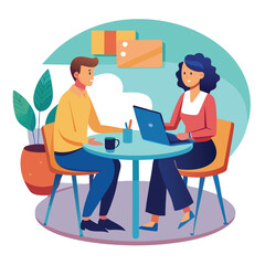 Partners meeting for business discussion with documents and laptop on desk. Couple at round table, speaking, discussing work, partnership. Flat vector illustration isolated on white background