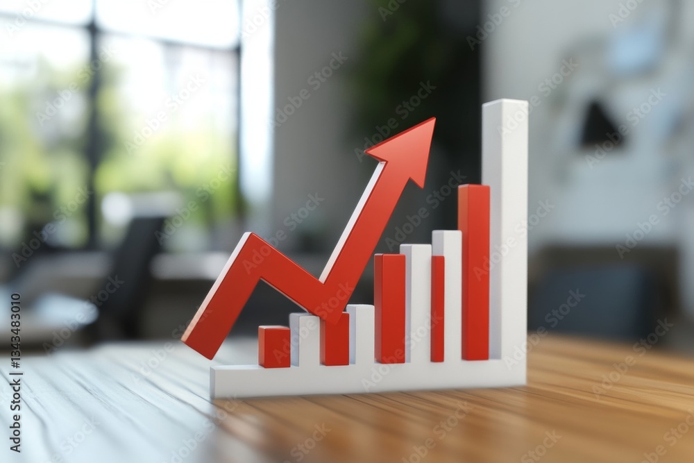 Aufkleber 3d graph render featuring upward red arrow on office table with blurred background setting