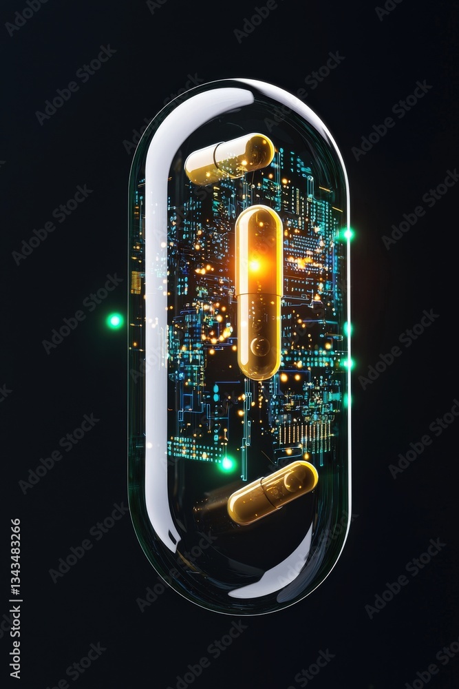 Poster a futuristic representation of pills as data capsules.