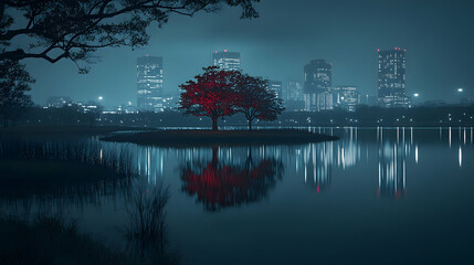 Fototapeta premium Night cityscape, red trees island, calm lake