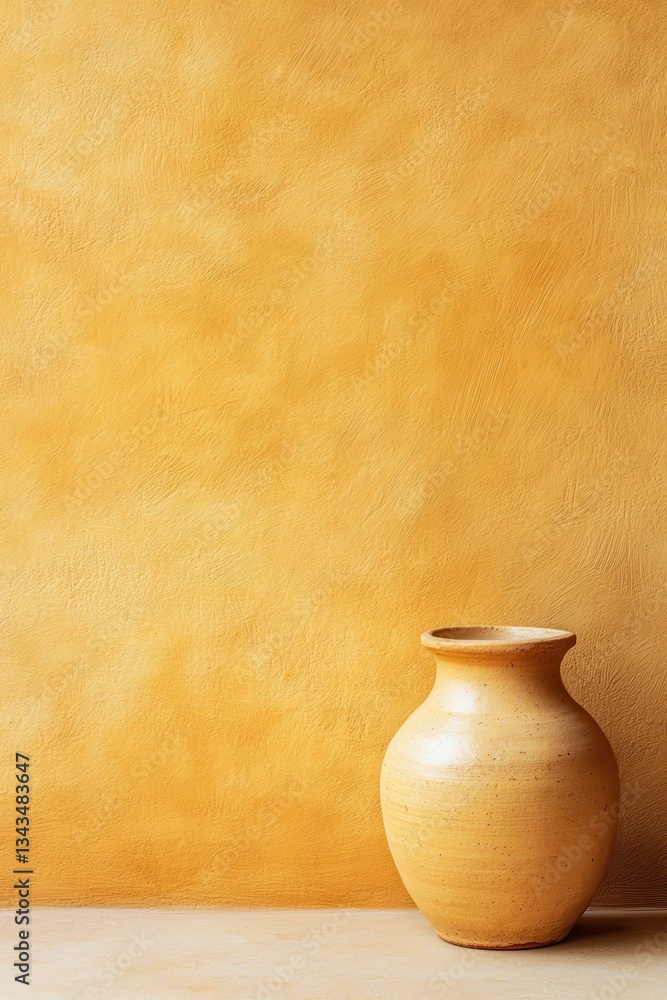Aufkleber a simple, textured yellow background with a decorative clay vase positioned to the side, creating a 