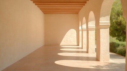 Sunlit Arched Hallway with Terracotta Floor and Beige Walls
