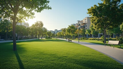 Obraz premium Green Urban Park with Walking Paths and Benches in a Residential Area