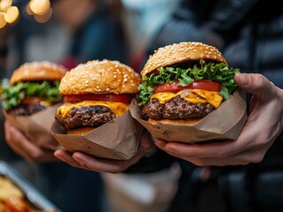 Delicious burgers held in hands, featuring fresh lettuce, tomato, and melted cheese, perfect for casual meal or gathering