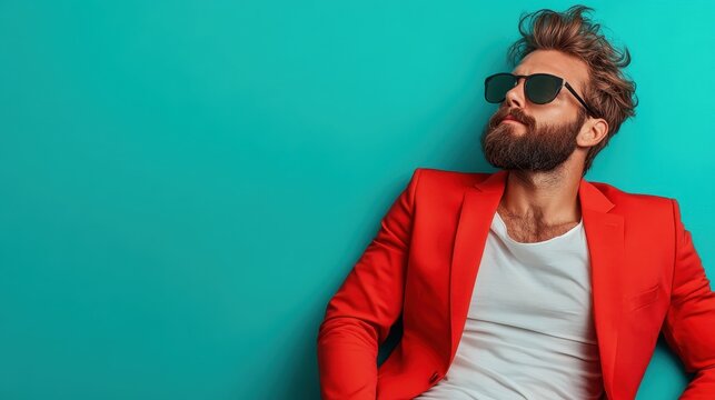 A fashionable man wearing sunglasses and a red suit leans back against a vibrant aqua backdrop, showcasing confidence and modern style with a touch of cool sophistication.